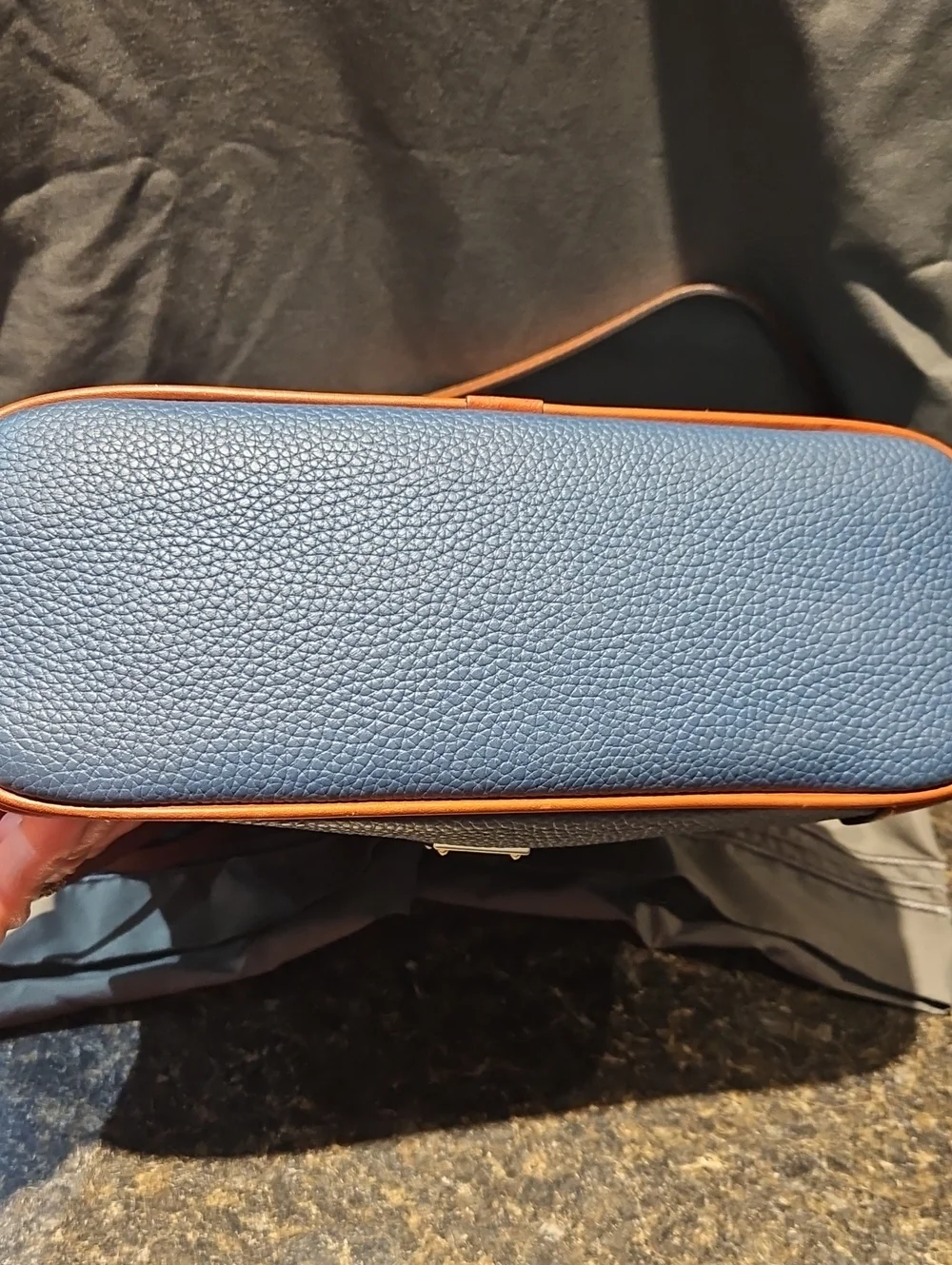 Dooney & Bourke Blue Pebble Leather Crossbody Bag with Brown Trim